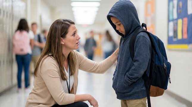 Caring teacher comforting a troubled student in school hallway