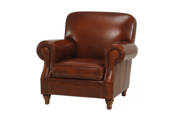 Brown leather armchair with wooden legs classic luxury isolated on a transparent background