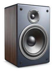 Modern, upright audio speaker with two drivers and wooden side paneling