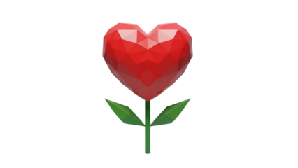 Low Poly Red Heart Shaped Flower with Green Stem and Leaves on Black Background