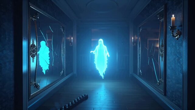 Cinematic haunted library interior, tall wooden bookshelves, floating dusty particles, ancient books slowly drifting air, glowing transparent ghost floating shelves blue pale white spectral light fog