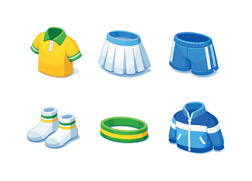 Tennis Apparel Icons. Tennis apparel. Isometric flat vector icons set of tennis apparel: polo shirt, tennis skirt, sports shorts, ankle socks, headband,