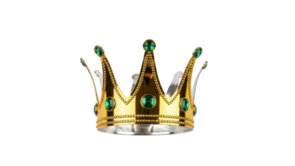 Isolated golden crown with green gems, coronation symbol, royal power and luxury concept