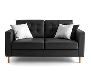 Fototapeta premium Modern black loveseat with two cushions and pillows, isolated on white