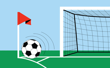 A vibrant illustration showcasing a soccer ball positioned at the corner kick spot next to a red flag and a view of the goal