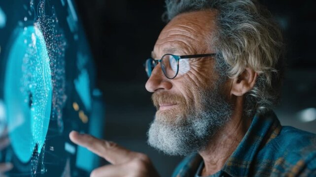 Senior male engineer smiling while presenting AI factory network map, pointing at screen with generic nodes and charts