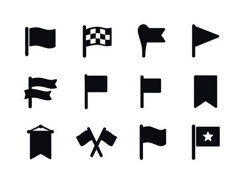 Monochrome Flag Icons. Flag icons. Solid icon set of Flag icons: waving flag, checkered flag, map flag pin, triangle flag, double banner, flagpole, small flag,