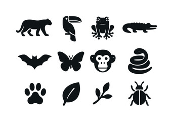 Obraz premium Jungle Wildlife Icons. Jungle wildlife. Solid icon set of jungle wildlife: jaguar silhouette, toucan silhouette, tree frog, crocodile silhouette, bat