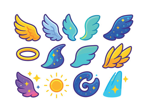 Celestial Wings Icons. Celestial wings. Colorful isometric vector icons set of celestial wings: golden wings, silver wings, glowing aura wing, star-dusted