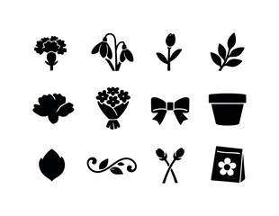January Flower Icons. January birth flowers. Solid icon set of January birth flowers: carnation, snowdrop, bud stem, leaf sprig, bloom silhouette, bouquet