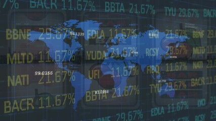 Animation of data processing on interface over trophy and sports fans at profile