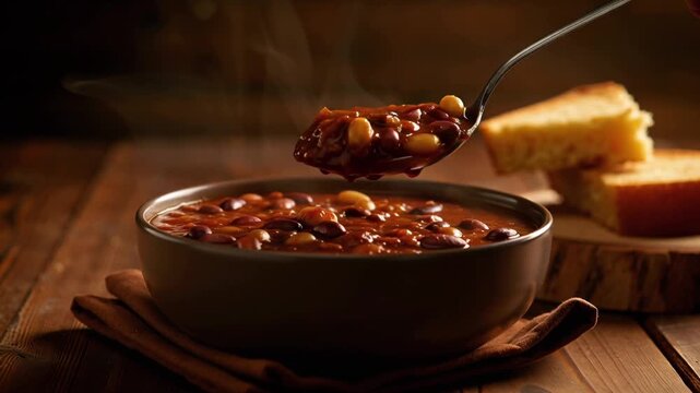 cinematic 4K food video of a bowl of homemade chili cornbread on a rustic wooden table, warm golden lighting shadows, volumetric steam rising, spoon lifting thick chili beans meat dripping back bowl