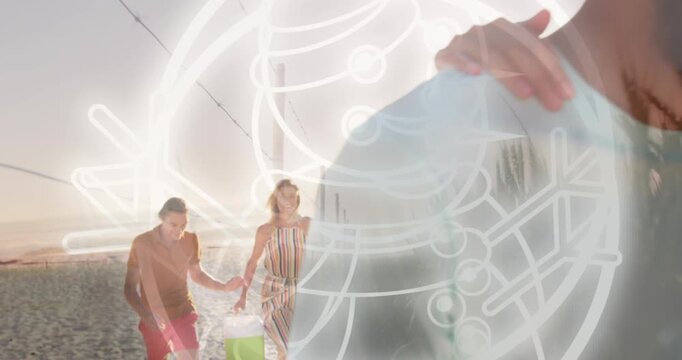 Animation of abstract neon shape over diverse group of friends walking at the beach