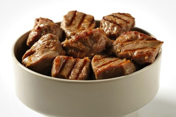 grilled meat pieces arranged in a white ceramic bowl