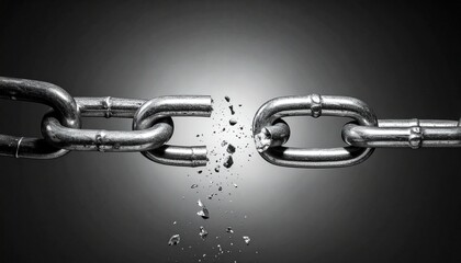 Shattering chain link with bright backlight on dark background, symbolizing rupture, freedom, or stress failure.