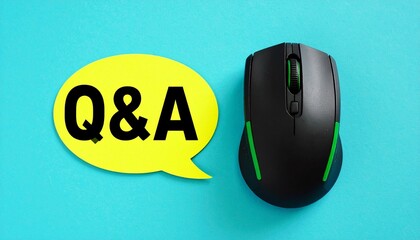 Black computer mouse with green accents beside yellow “Q&A” speech bubble on turquoise background.