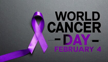 Purple ribbon on dark gray background with bold text for World Cancer Day, February 4.