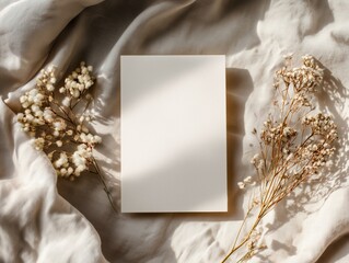 Clean aesthetic wedding invitation mockup with soft natural lighting and realistic shadow for stationery branding and print projects