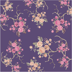 Seamless vintage rose floral pattern with elegant pink and peach flowers on purple background, classic botanical textile design for fabric, wallpaper, packaging and fashion