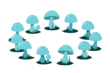Teal mushrooms on grass cartoon mushrooms fungi nature isolated on a transparent background