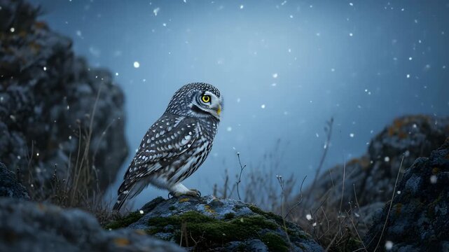 Snowy Owl Perched On Rock In Winter Forest With Snowfall And Moonlight rocky terrain
