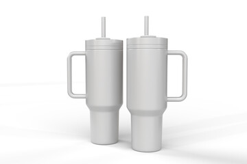 Steel thermo tumbler mockup with handle and straw isolated on background, reusable drinkware tumbler for sublimation, beverage branding marketing. Realistic portable insulated cup, cold drink thermos