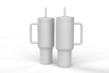 Steel thermo tumbler mockup with handle and straw isolated on background, reusable drinkware tumbler for sublimation, beverage branding marketing. Realistic portable insulated cup, cold drink thermos