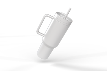 Steel thermo tumbler mockup with handle and straw isolated on background, reusable drinkware tumbler for sublimation, beverage branding marketing. Realistic portable insulated cup, cold drink thermos