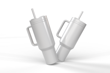 Steel thermo tumbler mockup with handle and straw isolated on background, reusable drinkware tumbler for sublimation, beverage branding marketing. Realistic portable insulated cup, cold drink thermos