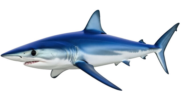 Isolated predatory mako shark swims in ocean, side view, deadly and fast marine fish