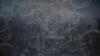 Animation of moving clocks and globe of connections over cityscape - Powered by Adobe