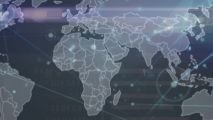 Animation of network of connections over data processing and world map - Powered by Adobe