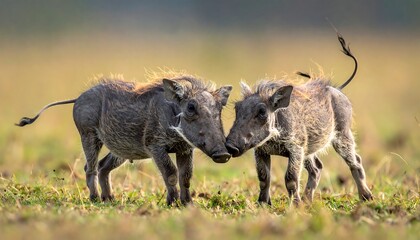 Two Warthogs Face Each Other in the African Savannah.