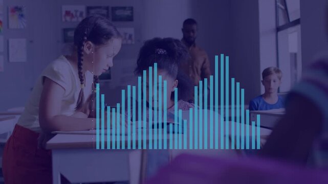 Animation of graph over diverse schoolchildren and teacher in classroom
