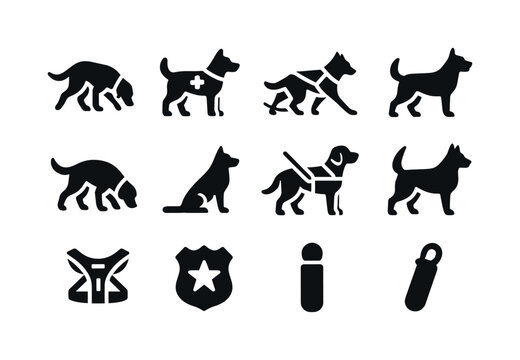 Working Dogs Icons. Working dogs. Solid icon set of working dogs: search dog, rescue dog, sled dog, tracking dog, sniffing dog, police dog silhouette, guide