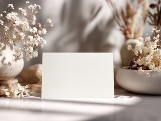 Clean wedding invitation mockup with minimal aesthetic styling and soft natural light shadow for professional use