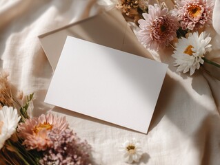 Beautiful wedding card mockup styled in an elegant aesthetic with daylight illumination and realistic shadow