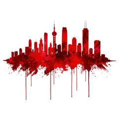 Fototapeta premium Abstract, highly saturated crimson and deep red watercolor silhouette of a dense city skyline with paint drips and splatters, isolated on a white background with copy space. Concept of urban abstract