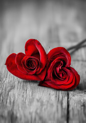Two Red Roses in the Shape of Heart Laying on Wooden Table