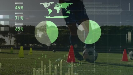 Animation of graphs and financial data over legs of male soccer players with ball on field - Powered by Adobe