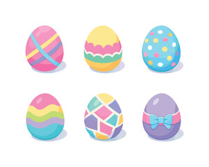 Pastel Easter Icons. Pastel Easter eggs. Isometric flat vector icons set of pastel Easter eggs: cross-line patterned Easter egg, scallop band Easter egg,
