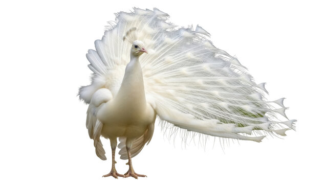 Isolated White Peacock, majestic albino plumage, with its full tail feathers displayed elegantly