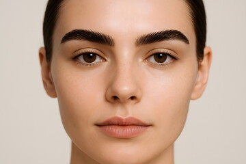 Obraz premium Natural beauty portrait of a young woman with clear skin and neutral expression on a plain background.