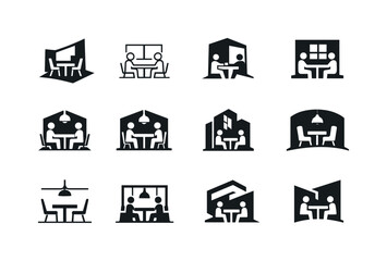 Coworking Logo Variations. coworking. Icon set. Set Logo of coworking: office building interior. harmonious logo variations of the same emblematic concept,