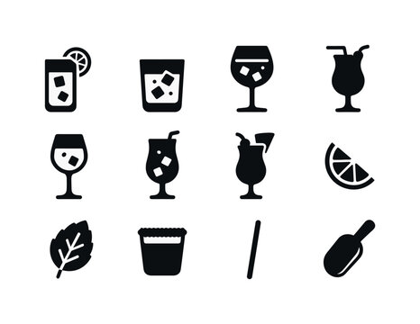 Mixed Drinks Icons. Mixed drinks. Solid icon set of mixed drinks: highball glass, lowball glass, gin and tonic, rum punch, spritz glass, blue lagoon, pina