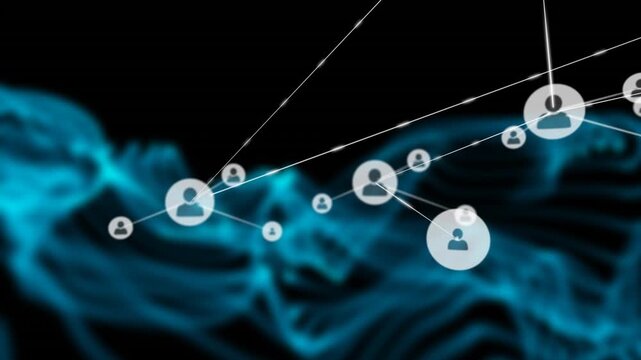 Animation of network of connections with user icons over black and blue background
