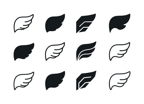 Angel Wings Icons. Angel wings. Icon set. Set Logo of angel wings: single wing silhouette. harmonious logo variations of the same emblematic concept, each with