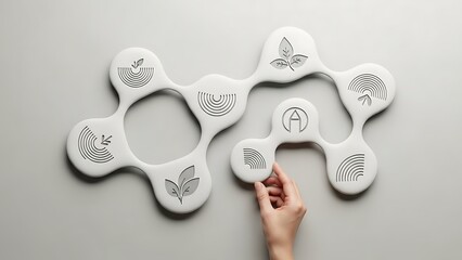 Hand arranging puzzle pieces with eco symbols in minimalist style with soft gray lighting on white background for sustainability branding