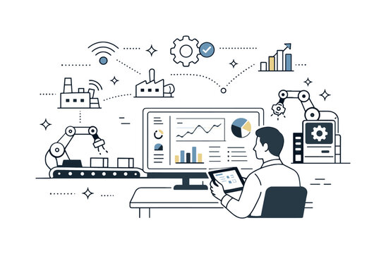 Smart Factory Monitoring. Smart factory management. A manager monitoring production lines on a digital dashboard with machines and data panels connected. Calm