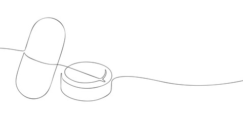 Obraz premium Minimal line art illustration of medication showing a capsule and a round pill, symbolizing pharmaceuticals, treatment, and healthcare essentials.